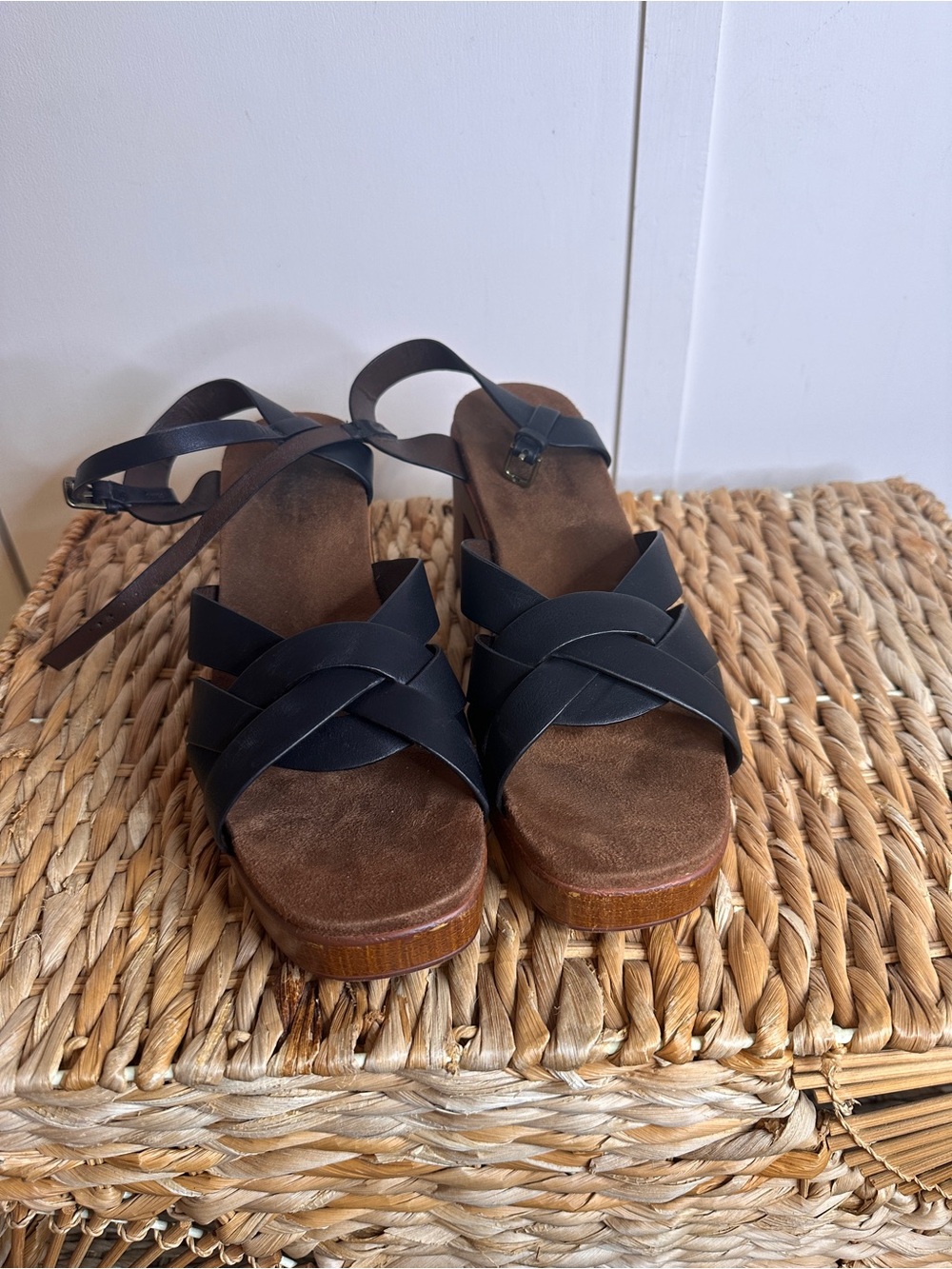 White Mountain Black Crisscross Leather Wedge Sandals